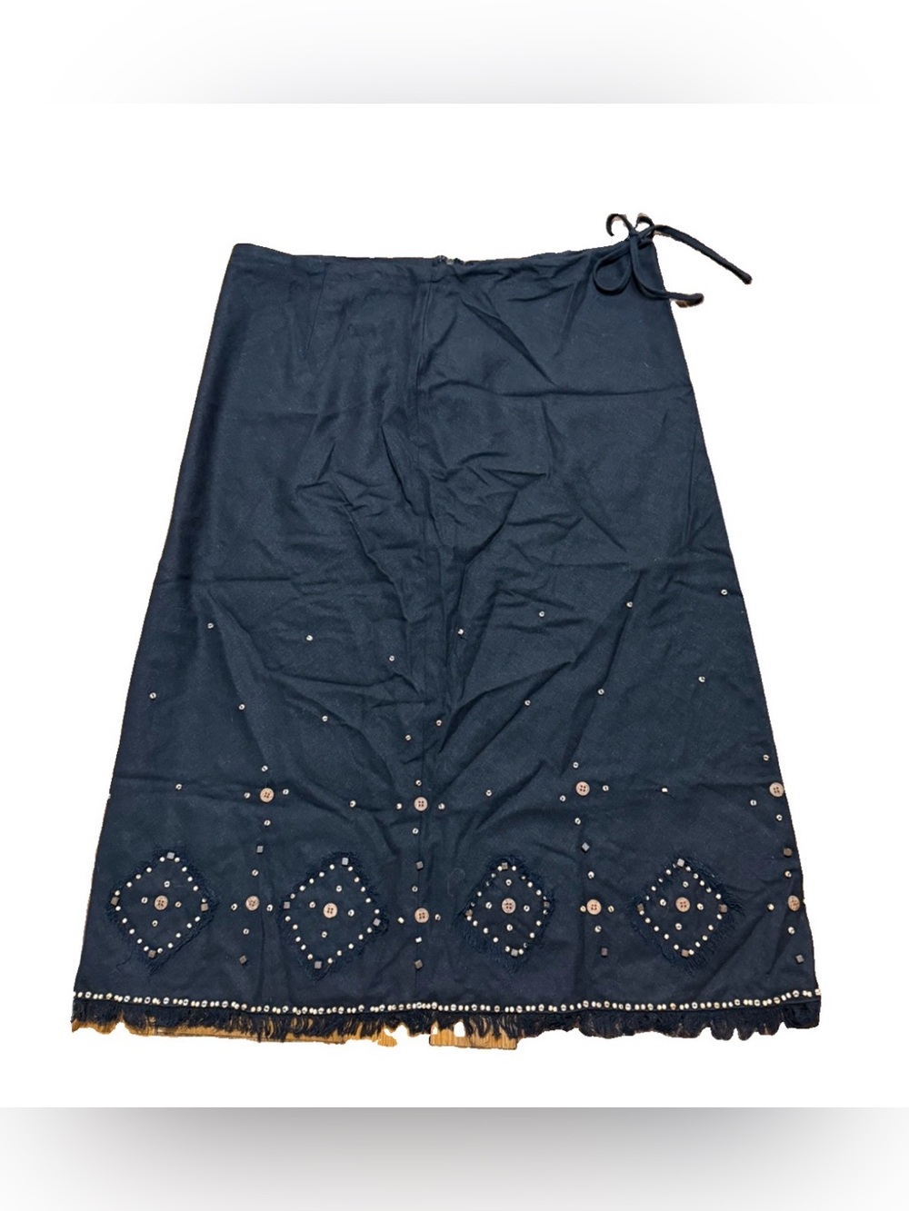 Richard Malcom Black Beaded Fringe Skirt Size 12 Linen Rayon Boho Festival Gypsy
